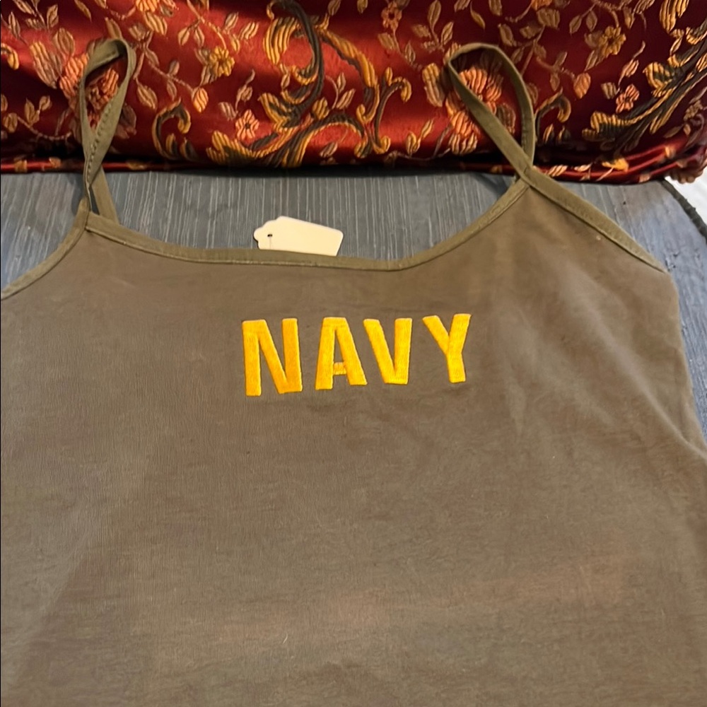 NWT Olive Green Tank Top with Yellow 'NAVY' Print and Spaghetti Straps